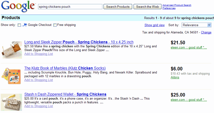 Spring Chickens pouch in Google Product Search Spring Chickens pouch in Google Product Search